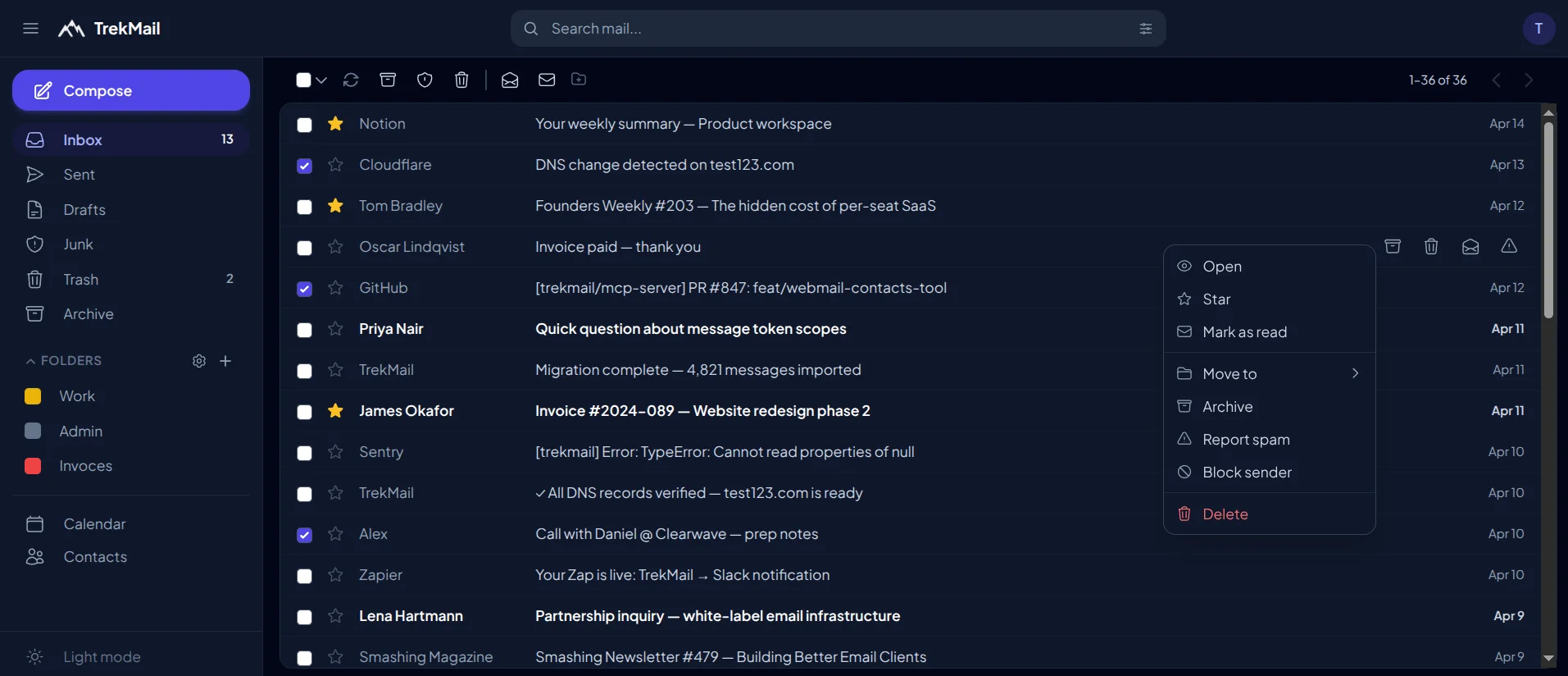 TrekMail webmail — inbox in dark mode