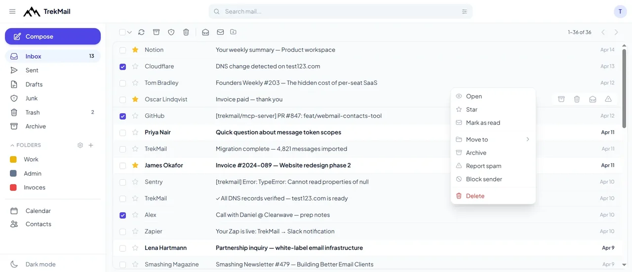 TrekMail webmail — browser inbox for your whole team
