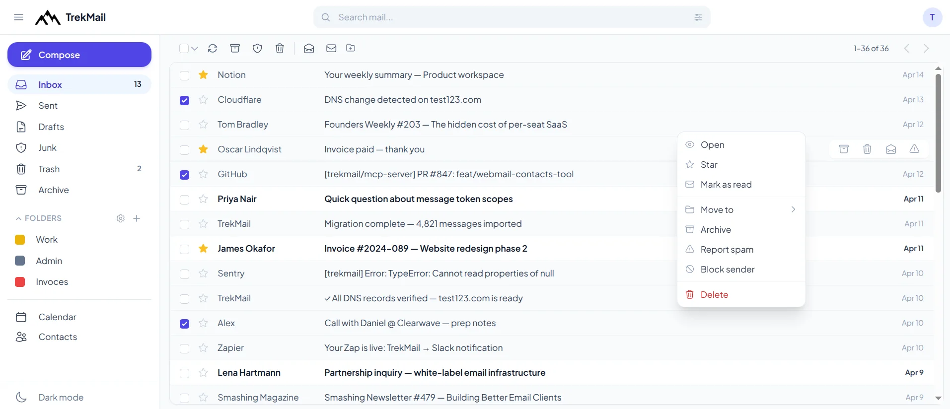 TrekMail webmail — browser inbox for your whole team