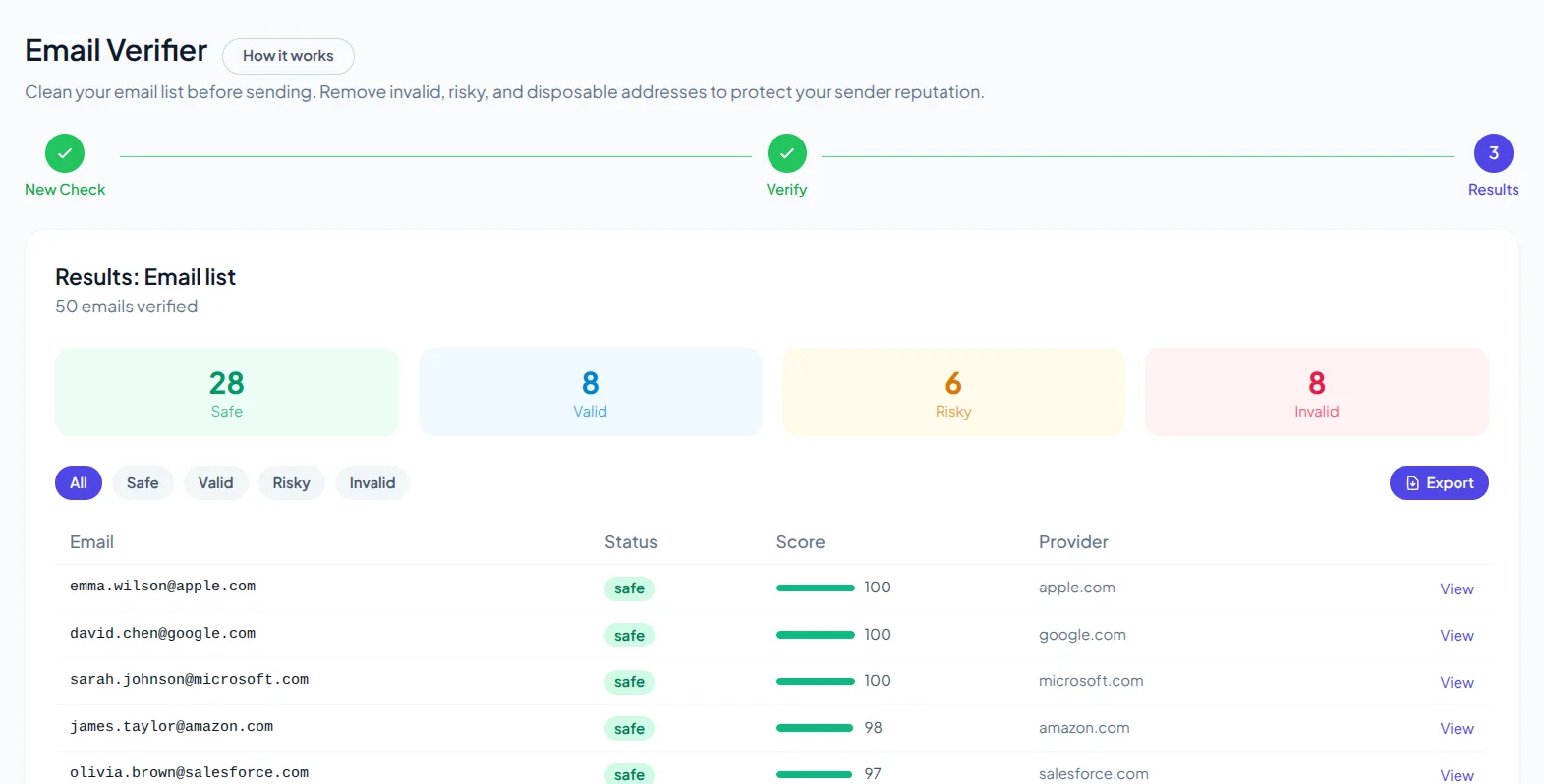 Email Verifier dashboard with verification results