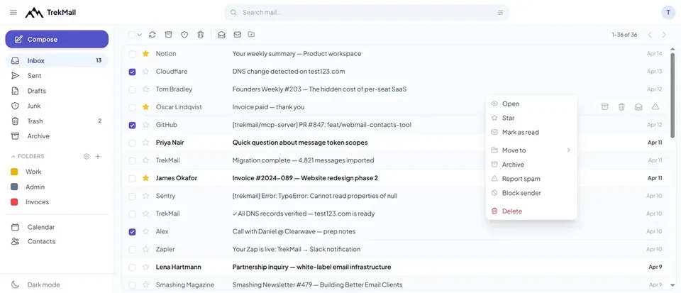 An example TrekMail webmail inbox with folders and messages