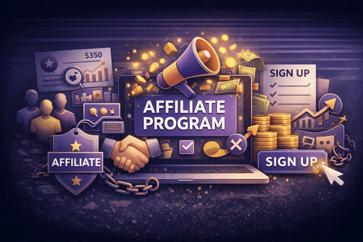 Illustration of the TrekMail affiliate program with signup flow, commissions, campaign analytics, and partner growth elements.