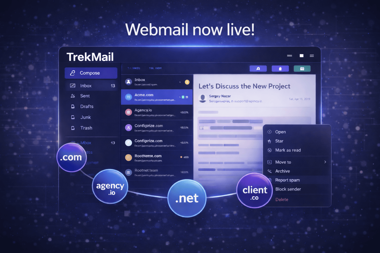 TrekMail webmail client — threaded inbox, compose window, and folder sidebar