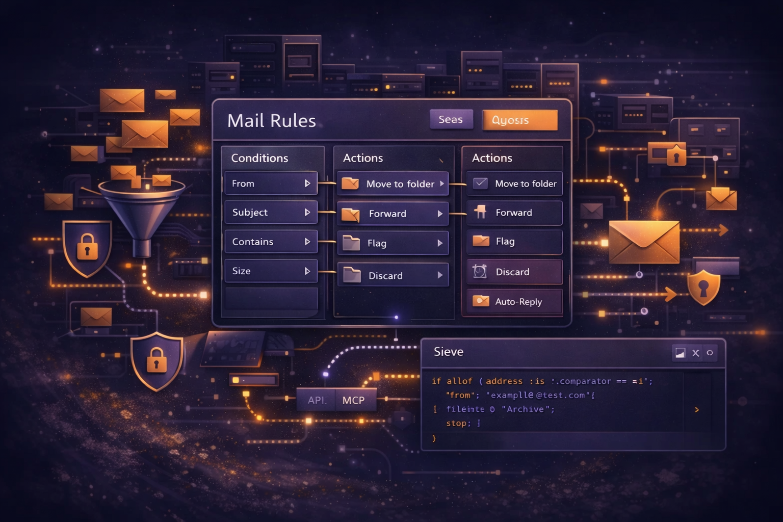 Mail Filters, Auto-Reply, and Sieve Editor — visual overview of conditions, actions, and server-side scripting in TrekMail
