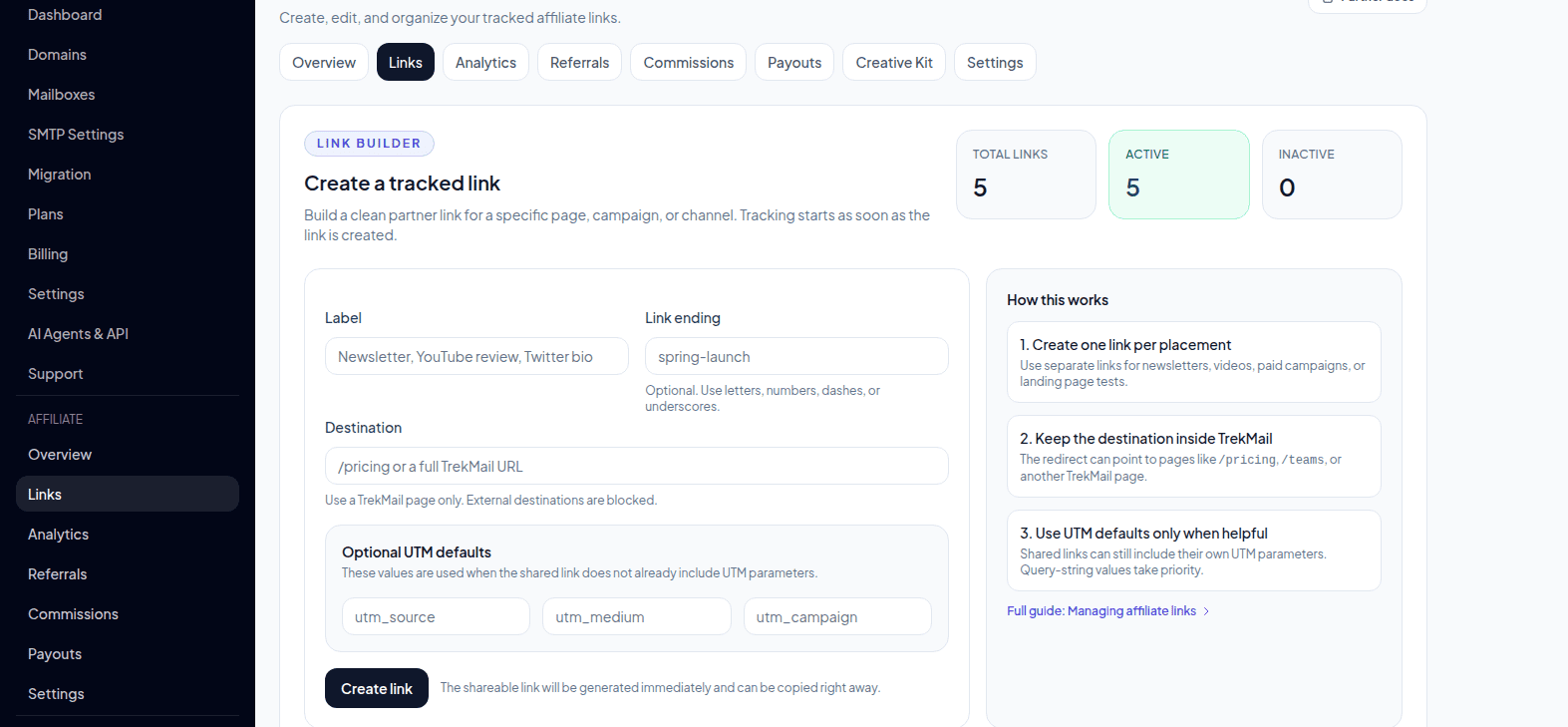 TrekMail affiliate link builder showing custom tracked links, destination settings, and optional UTM defaults.