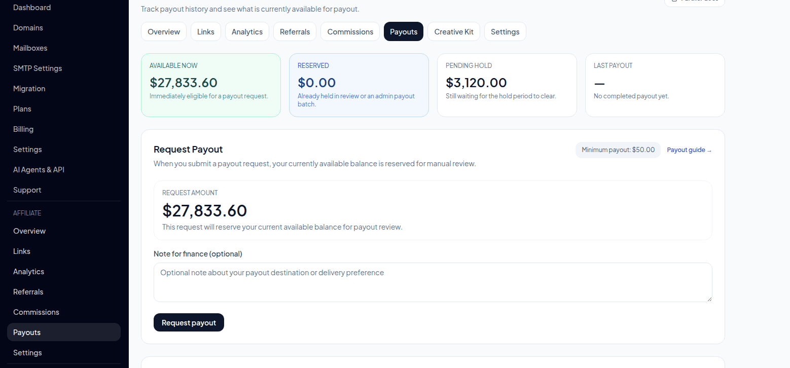 TrekMail affiliate payouts screen showing available balance, pending hold, reserved balance, and payout request form.