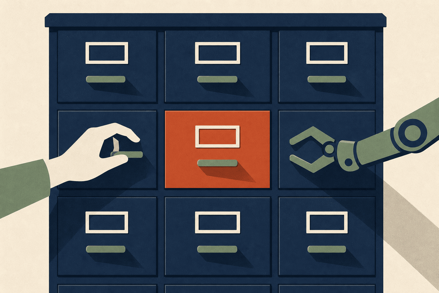 A hand and a mechanical arm reaching for the same set of labelled drawers