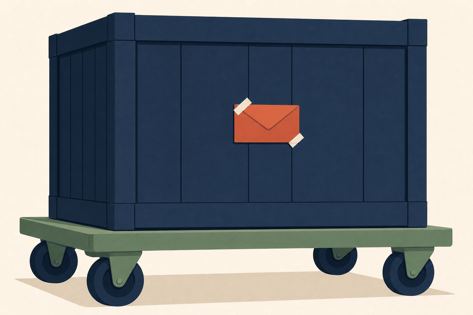 A large crate on a trolley with a small envelope taped to the side