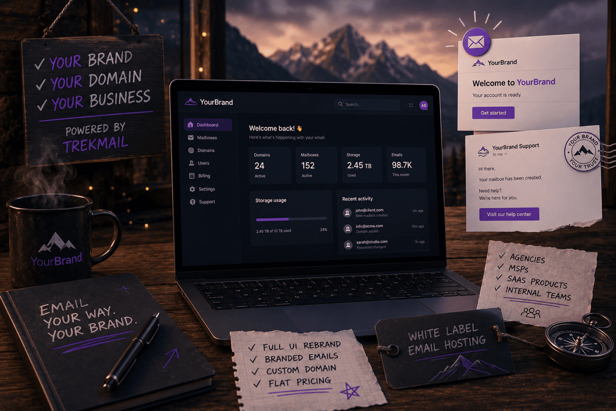 TrekMail White Label: dashboard rebranded as "YourBrand" with custom domain, branded emails and Email Hosting tag.