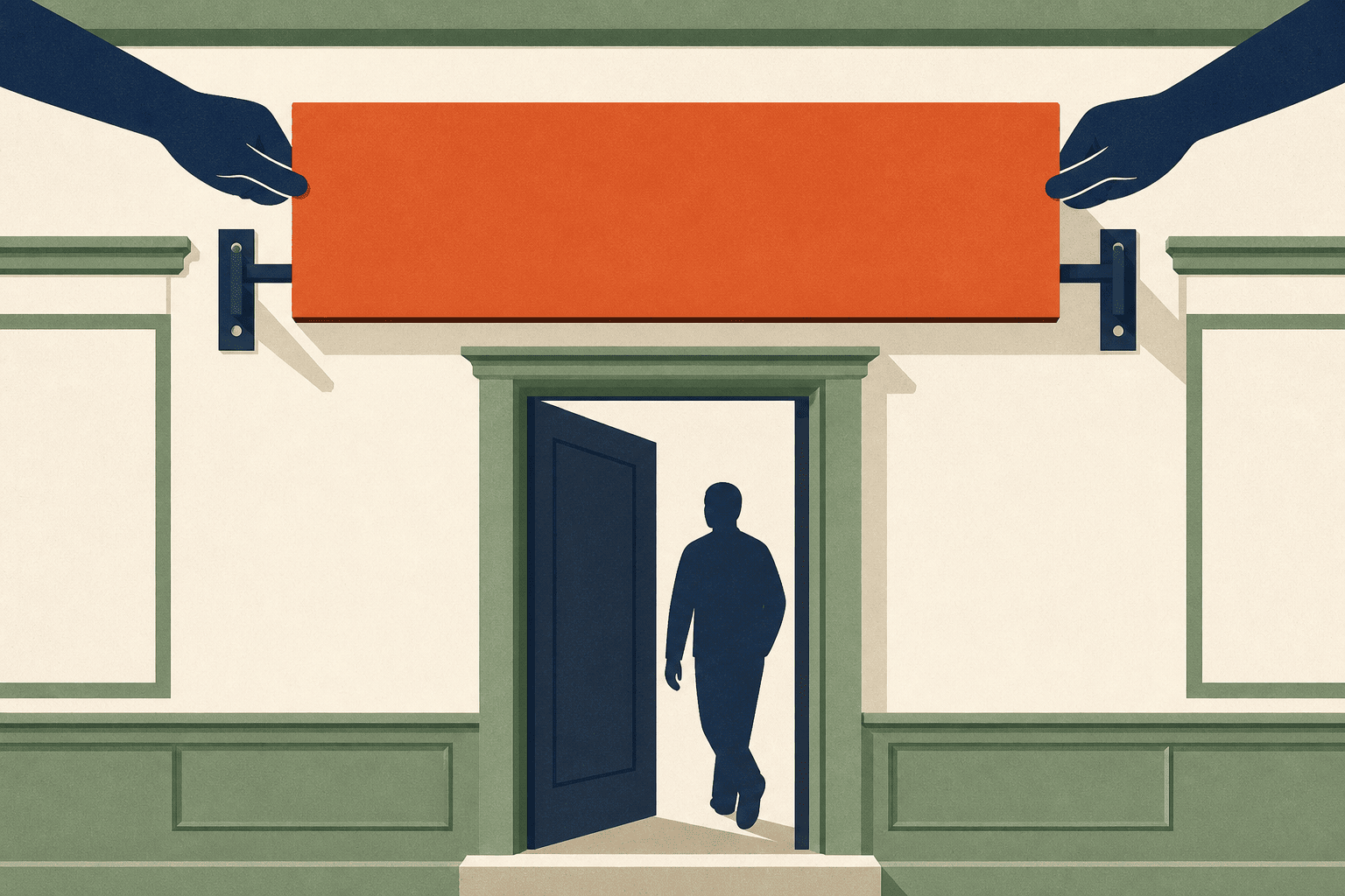 A blank shop sign being fitted above a door already in use