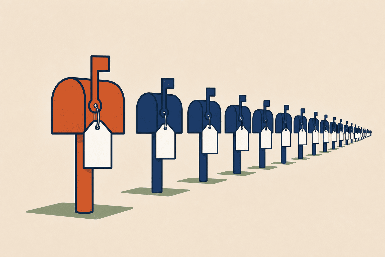 A fairly priced mailbox multiplied across a long row