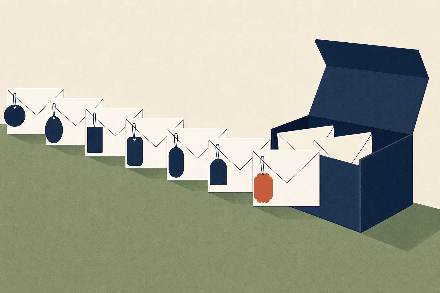 A row of numbered tags on envelopes leading into one open box