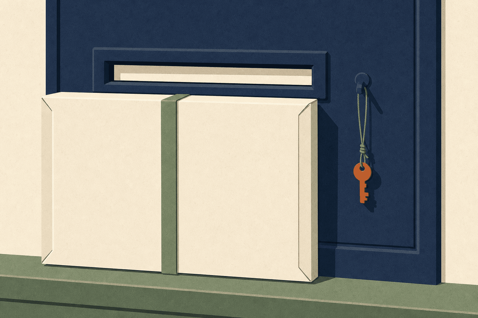 A parcel too wide for a letterbox beside a small key on a string