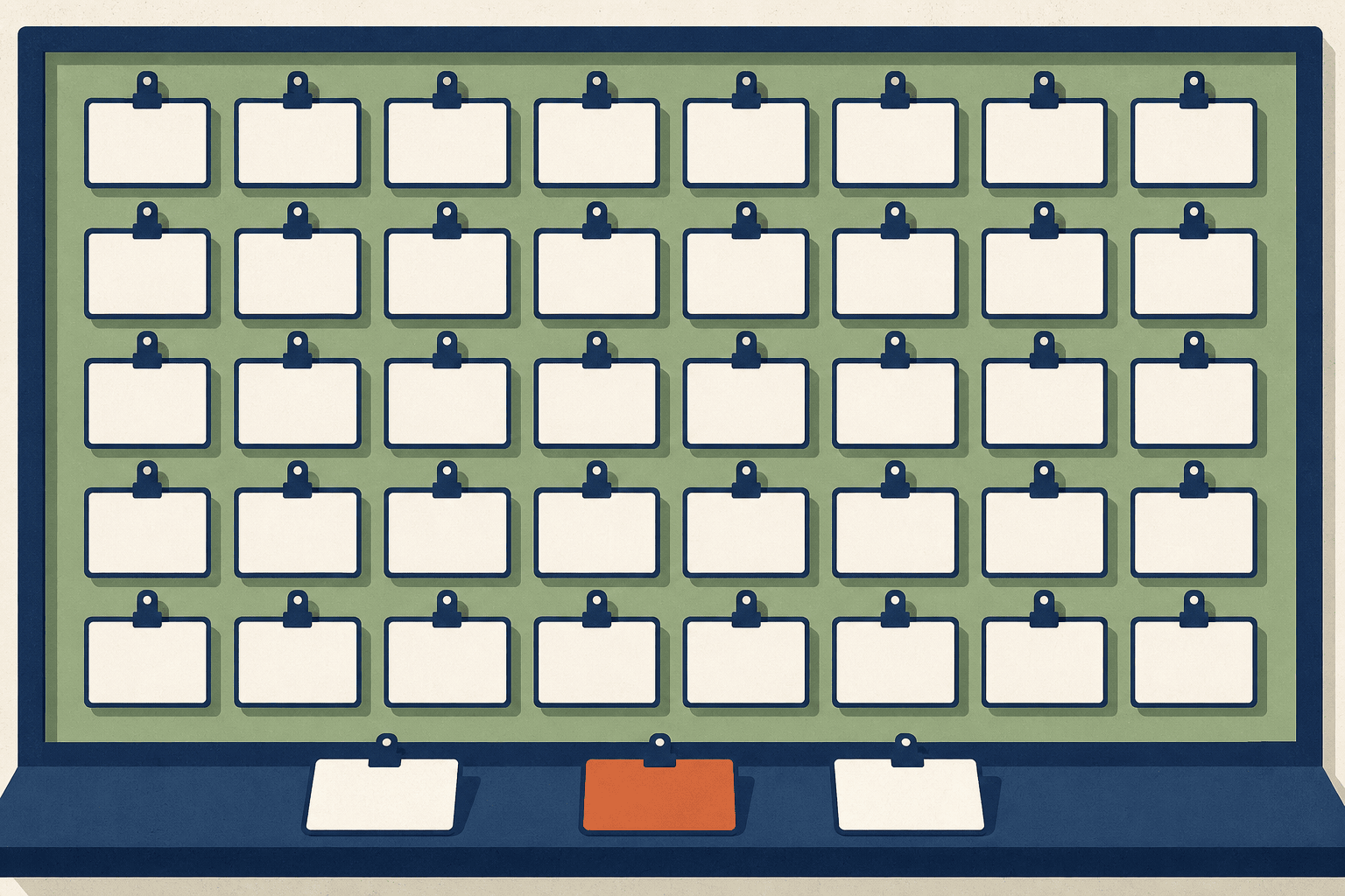 A noticeboard of identical name badges with a few still unclaimed