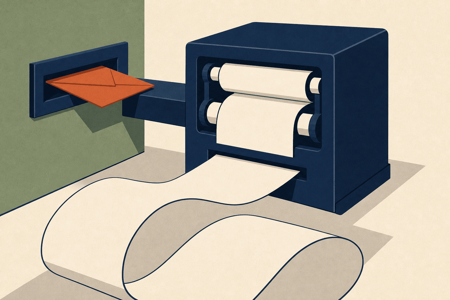 A letter slot feeding directly into a small machine with a printed tape