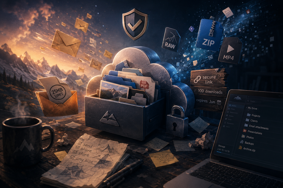 Illustration of TrekMail Drive: a cloud storage workspace with files, folders, a secure download link, and a laptop showing the Drive folder tree.
