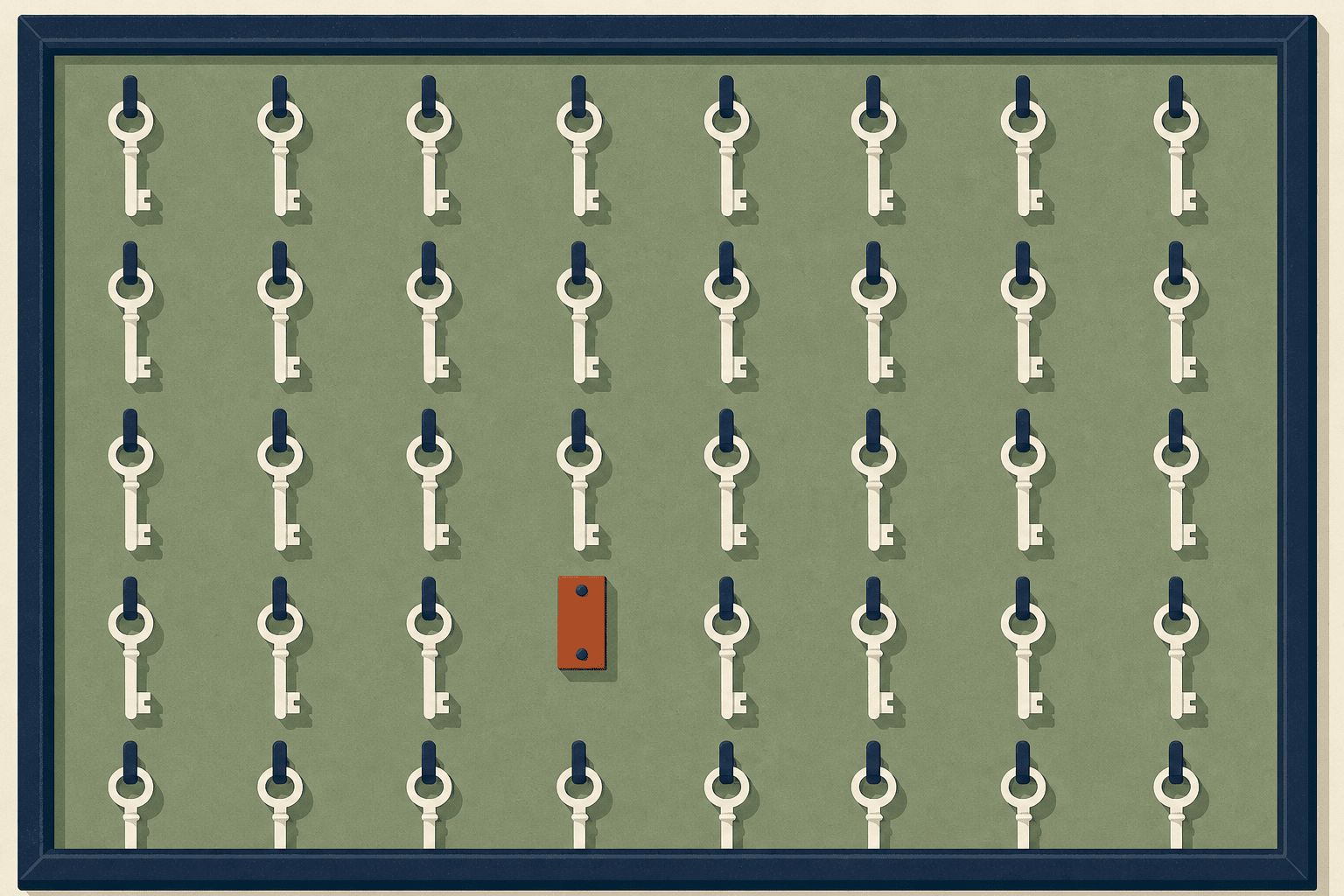Forty small keys hanging on one board with a single hook missing