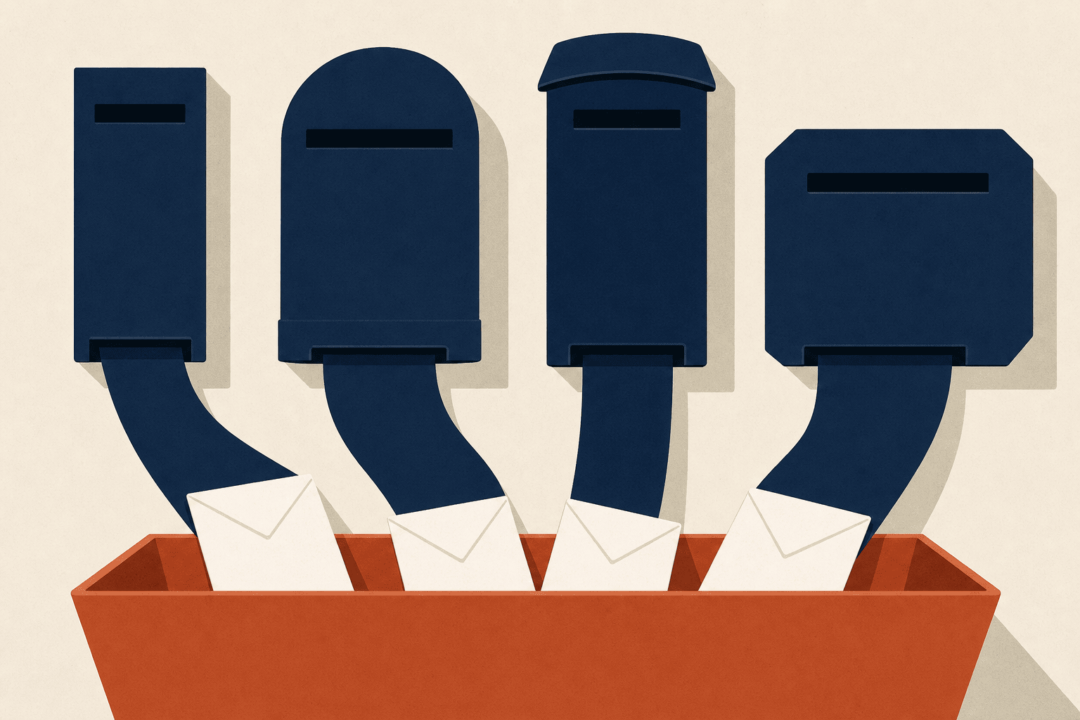 Four post boxes of different shapes feeding one collection tray