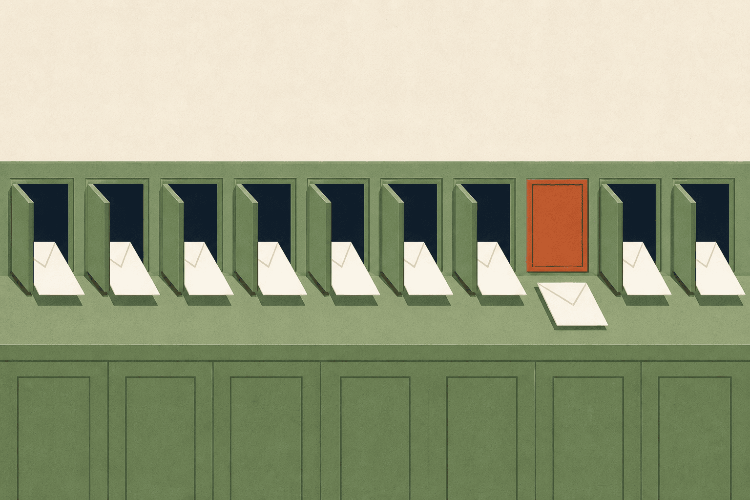 Ten envelopes arriving at a row of small doors, one door left unopened
