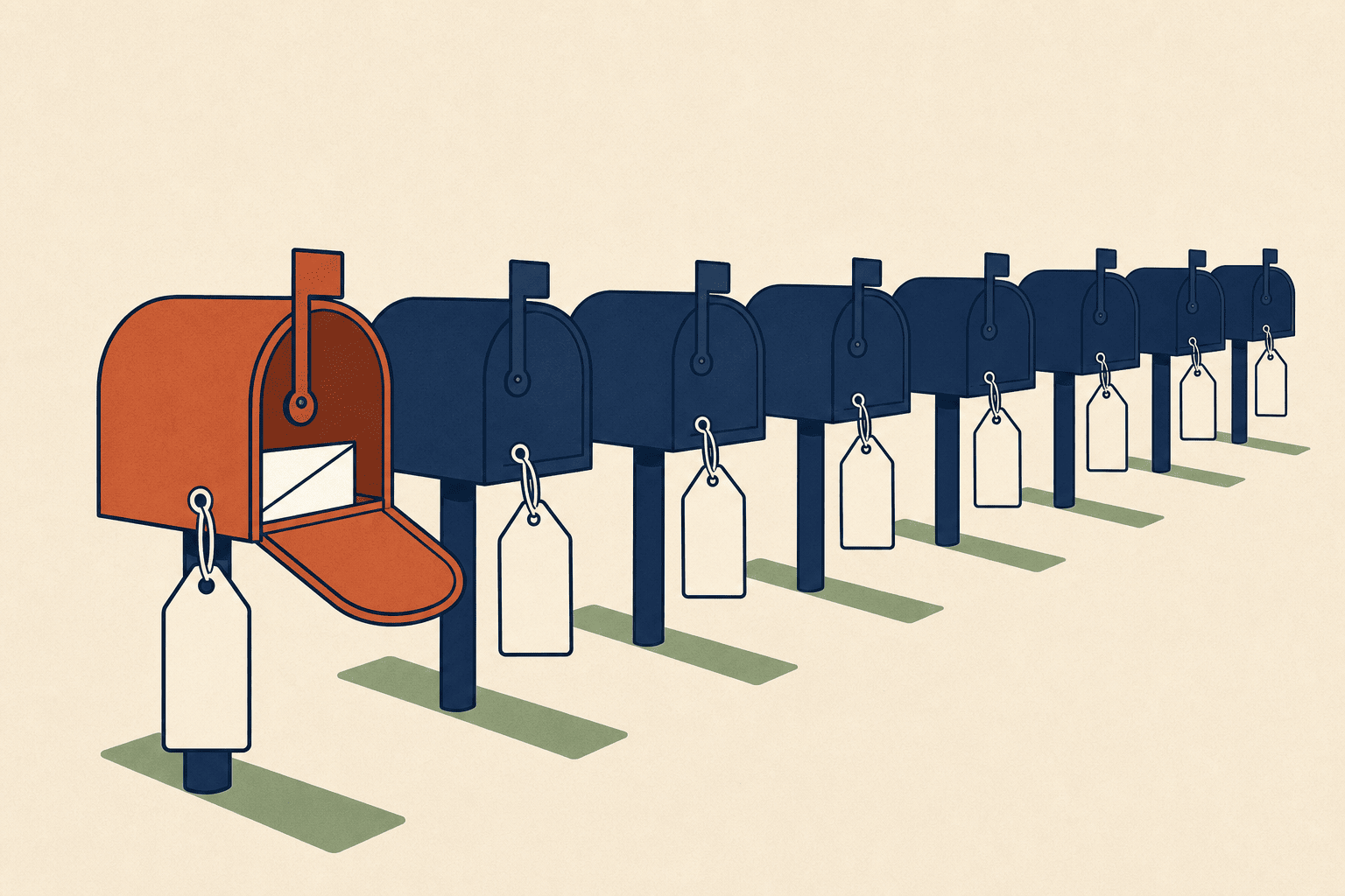 A row of mailboxes each with its own price tag attached