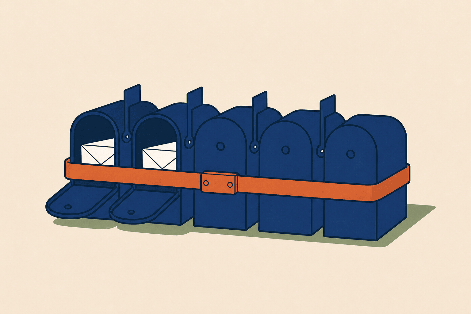 Five mailboxes bundled together with only two in use