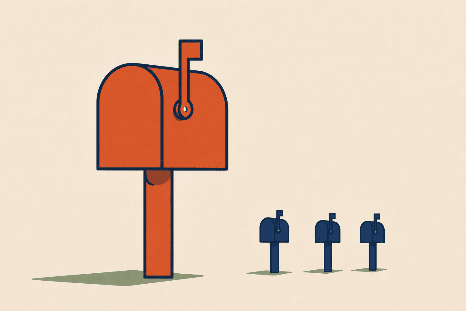 One very large mailbox beside several small empty ones