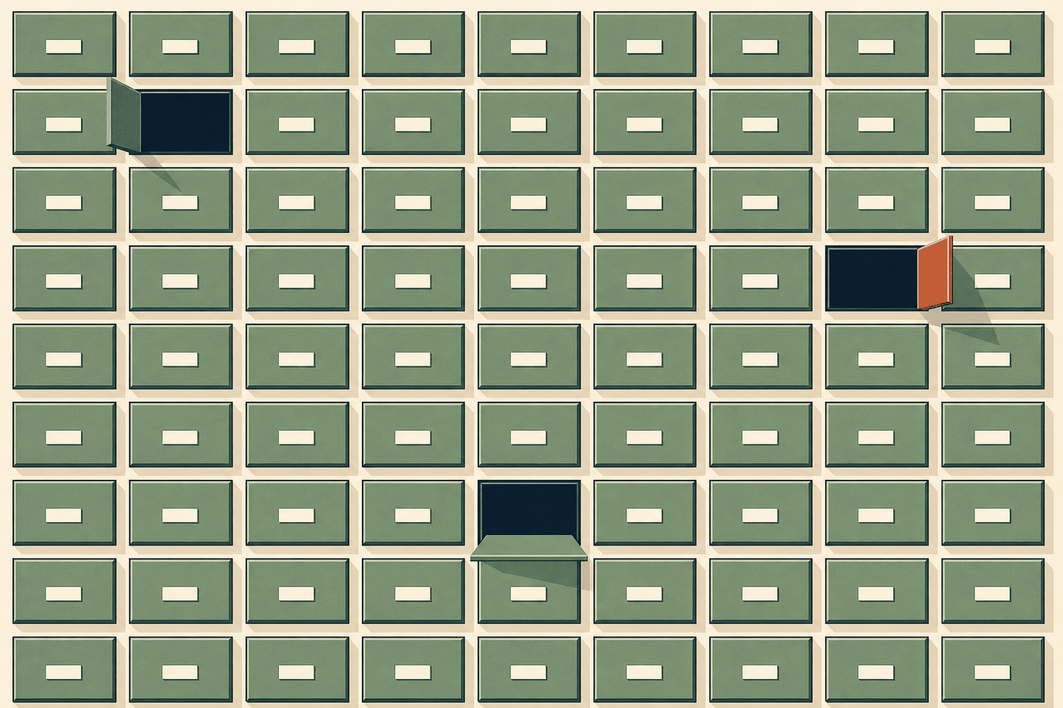 A wall of small numbered boxes with only a few doors open