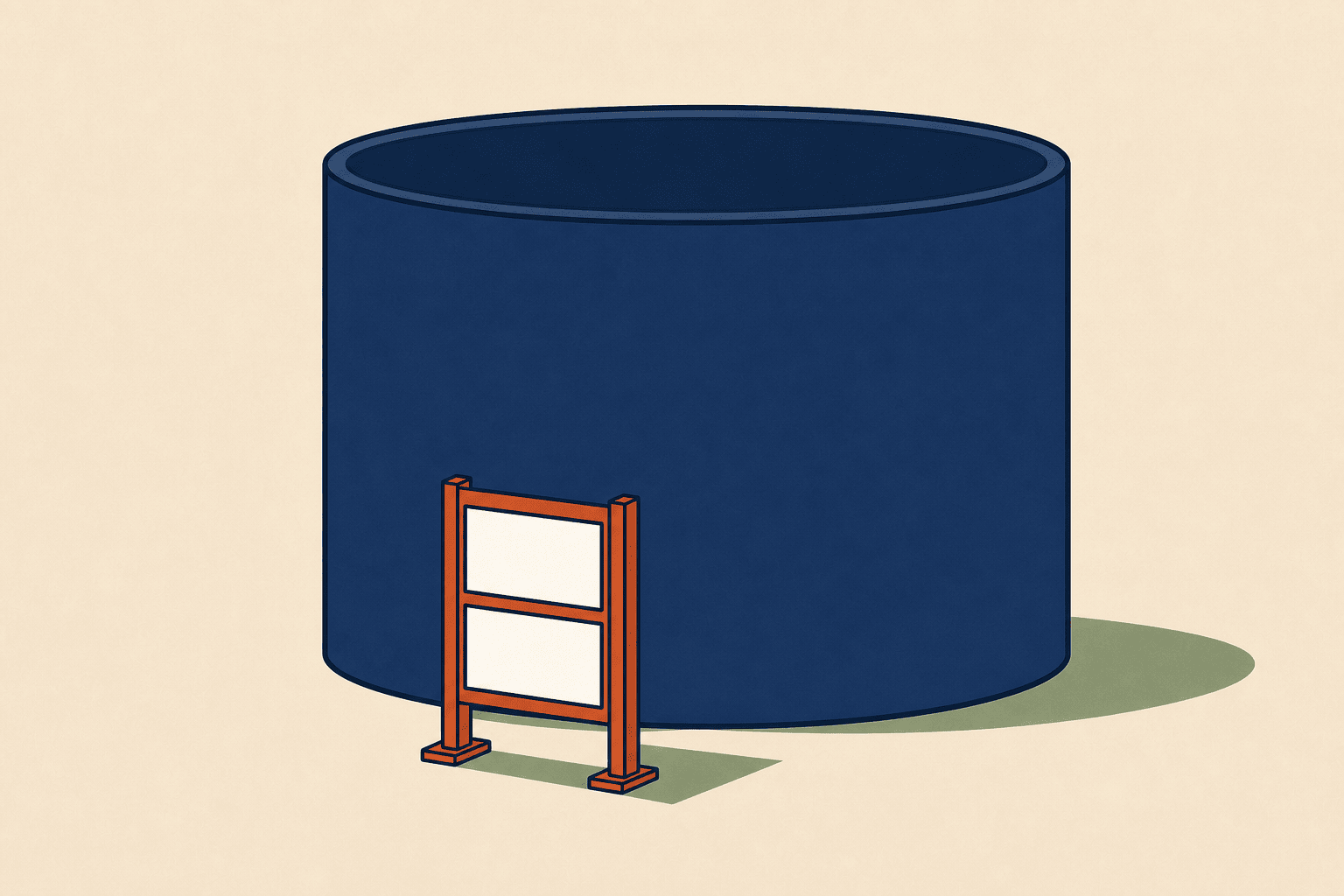 An uncapped storage tank beside a small numbered set of nameplates