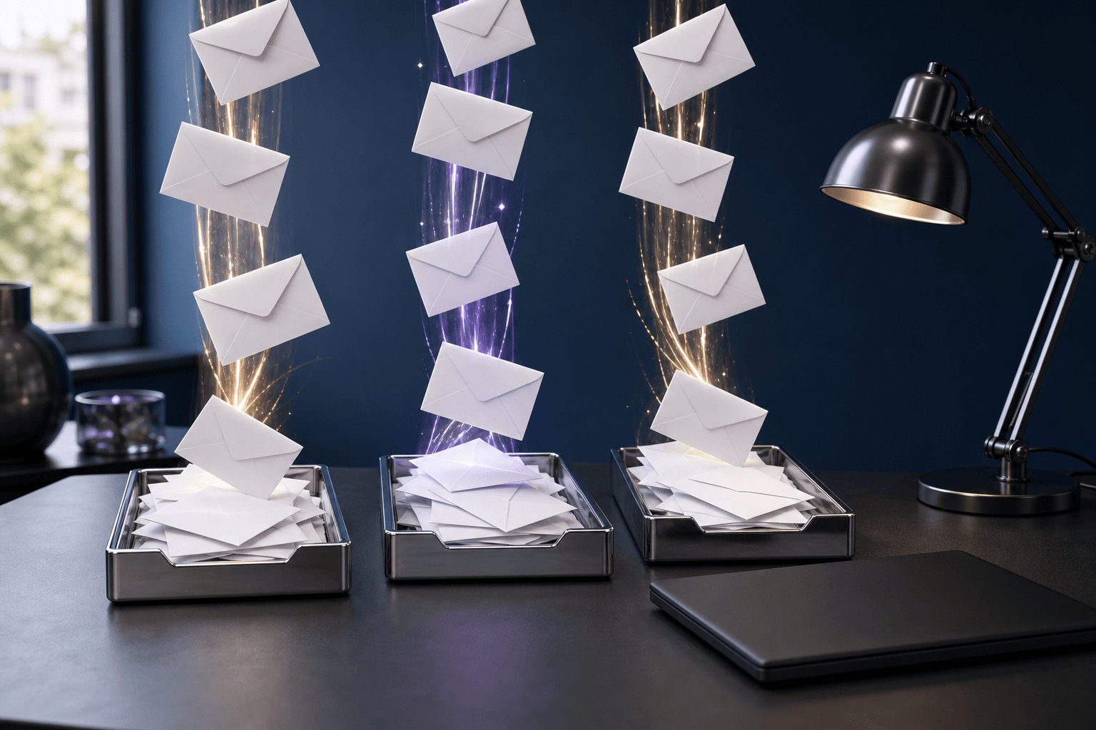 A nested email folder tree beside a filter builder showing conditions and actions