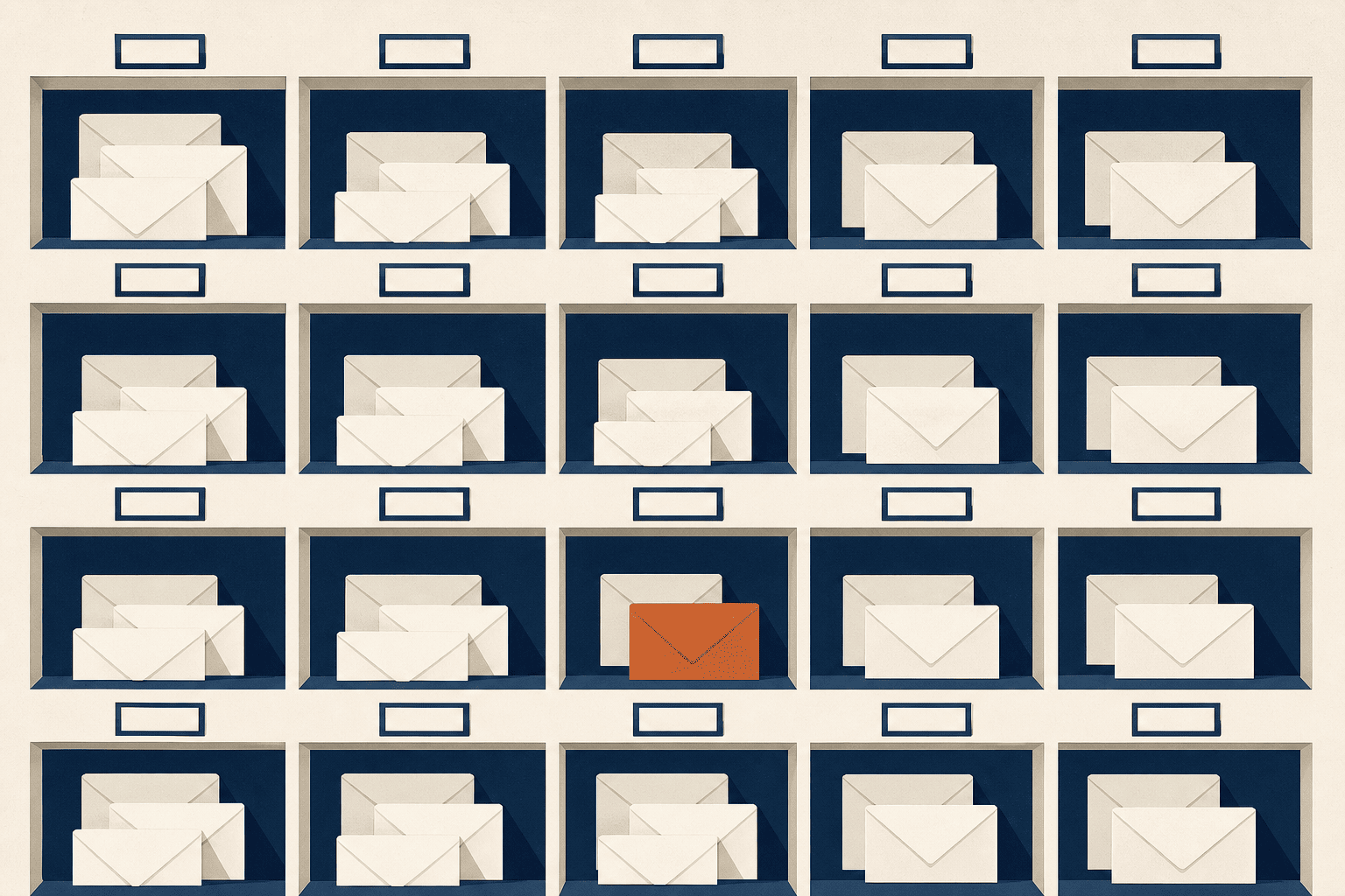 Labelled pigeonholes on a wall, each holding letters for one job rather than one person