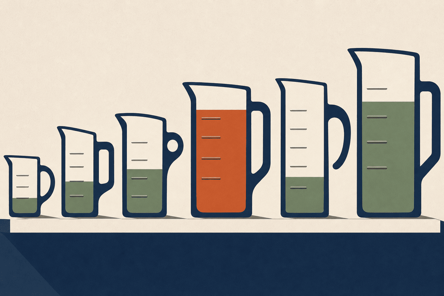 Measuring jugs of different sizes filled to marked lines