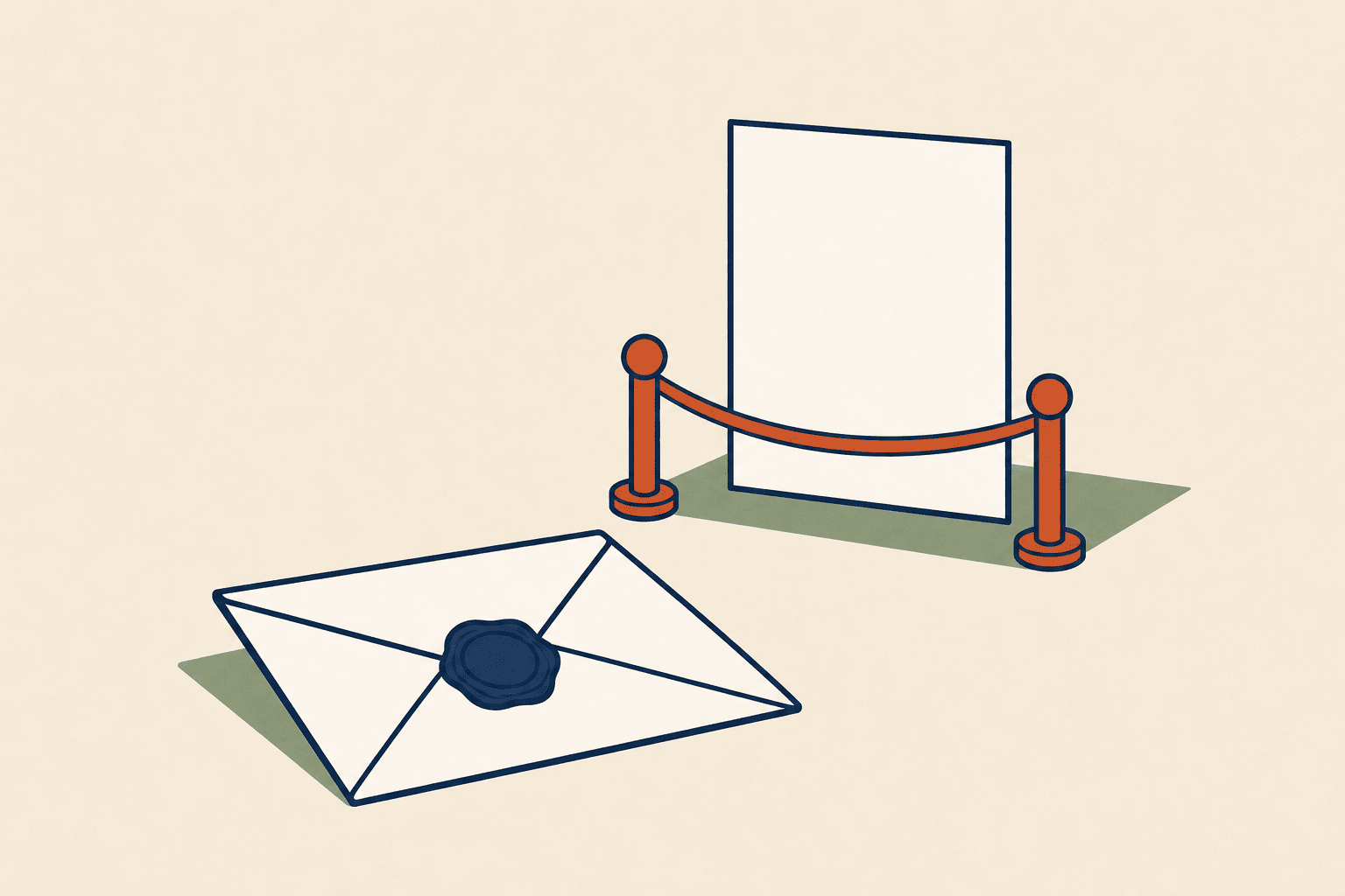 A sealed envelope beside a domain nameplate behind a barrier