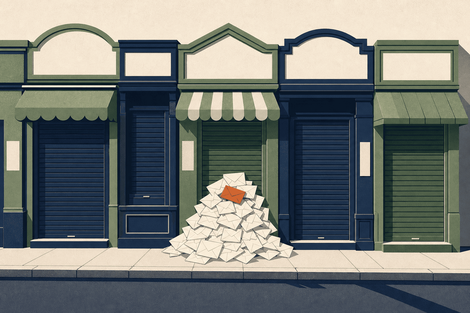 A row of shuttered shopfronts with letters piling at one door