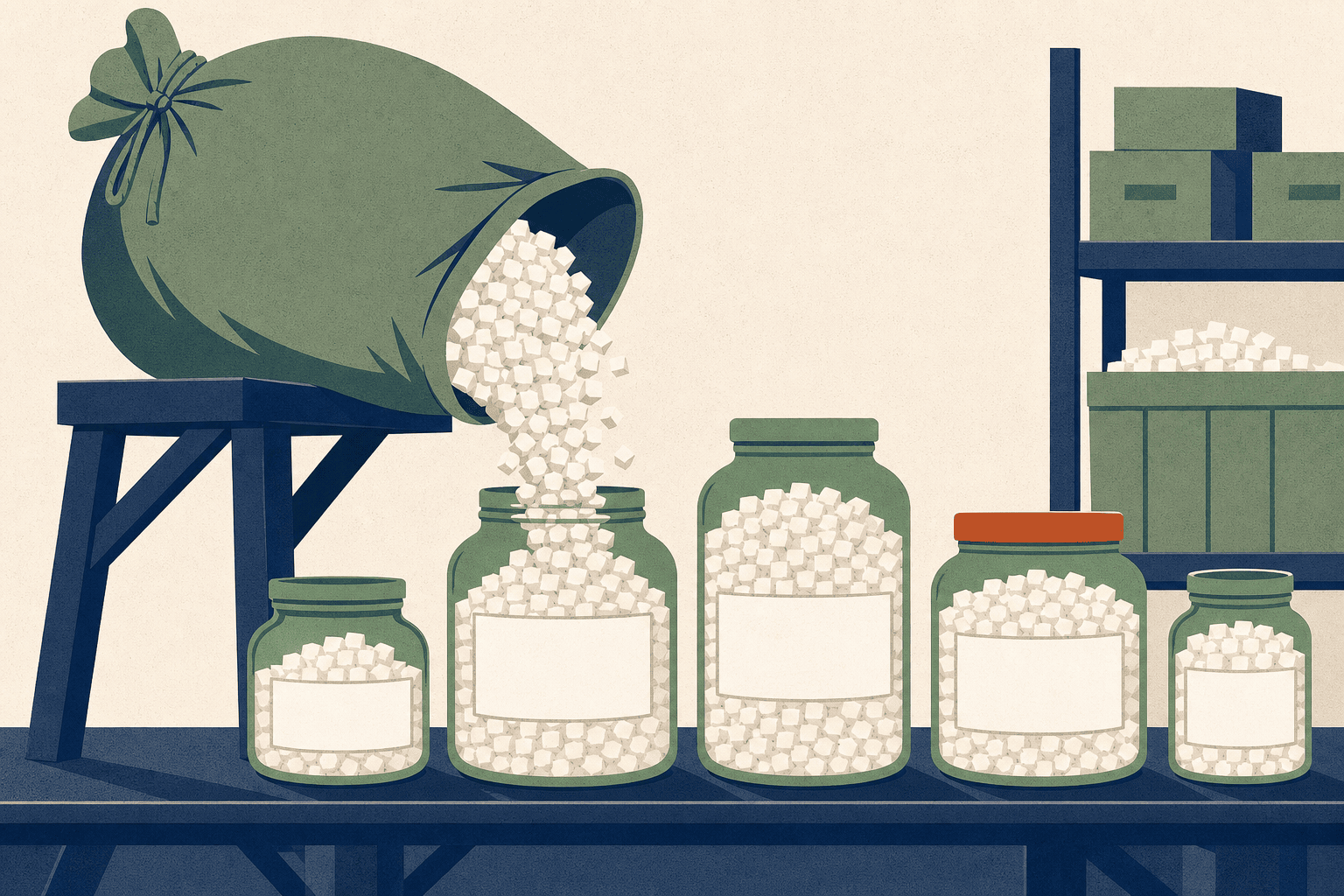 A large sack being decanted into several labelled jars