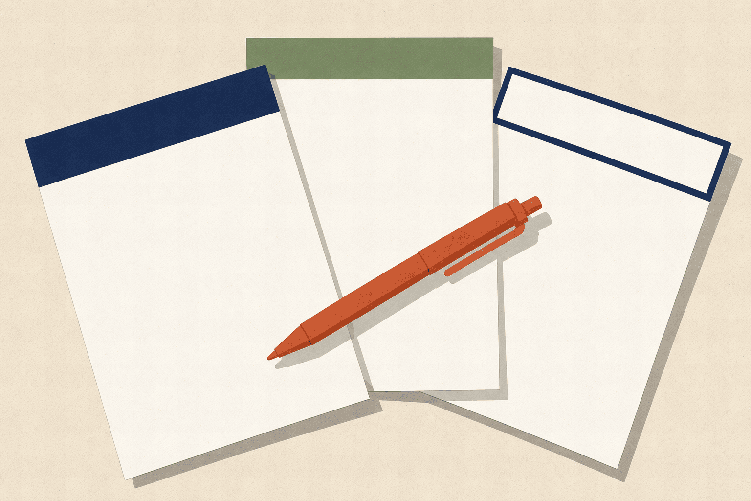 One pen resting on three differently headed sheets of paper