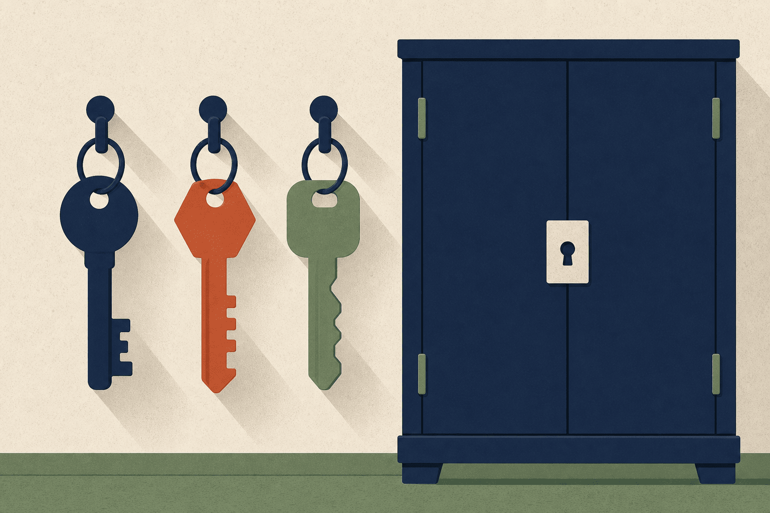 Three keys of different shapes hanging beside one cabinet