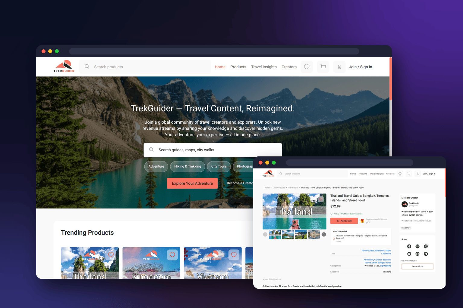The TrekGuider home page and a travel guide product page on the marketplace