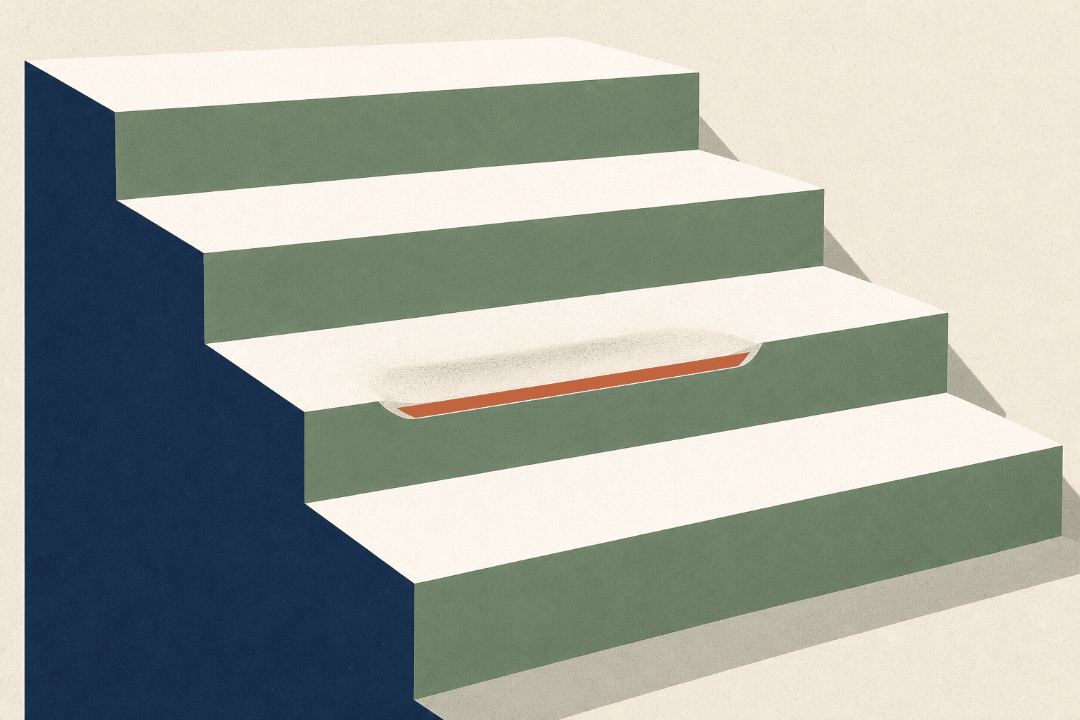 Four steps of a staircase with only one tread worn