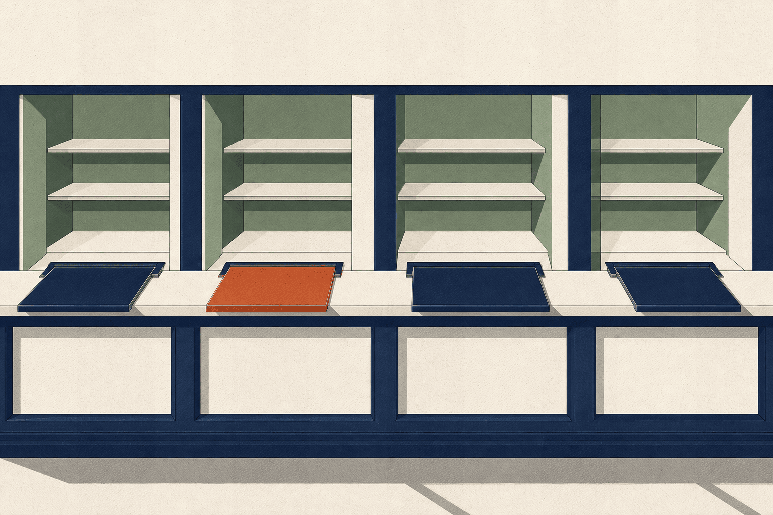 A counter with several separate hatches, each opening onto one set of shelves