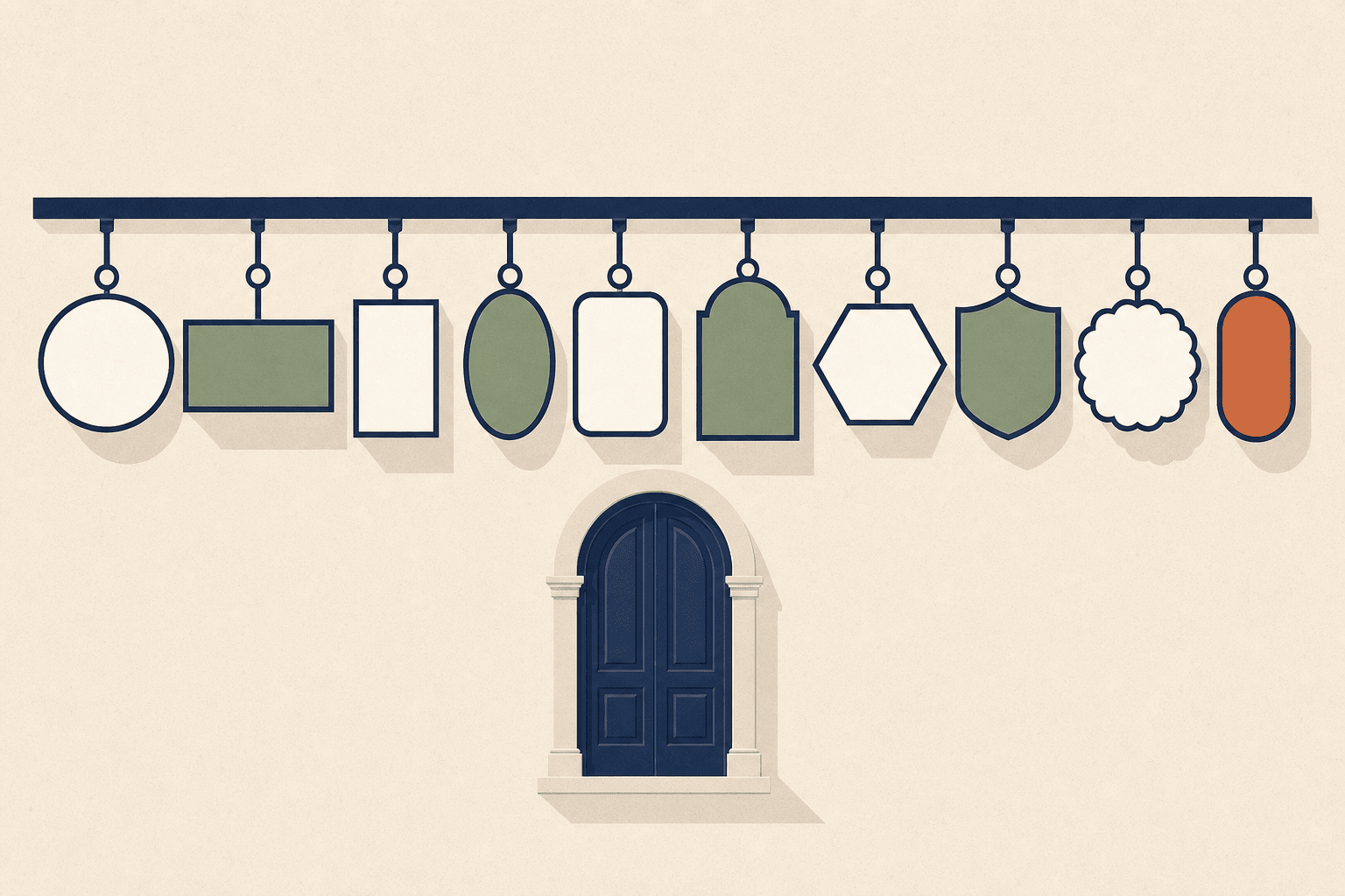 Ten shop signs of different designs above one shared doorway
